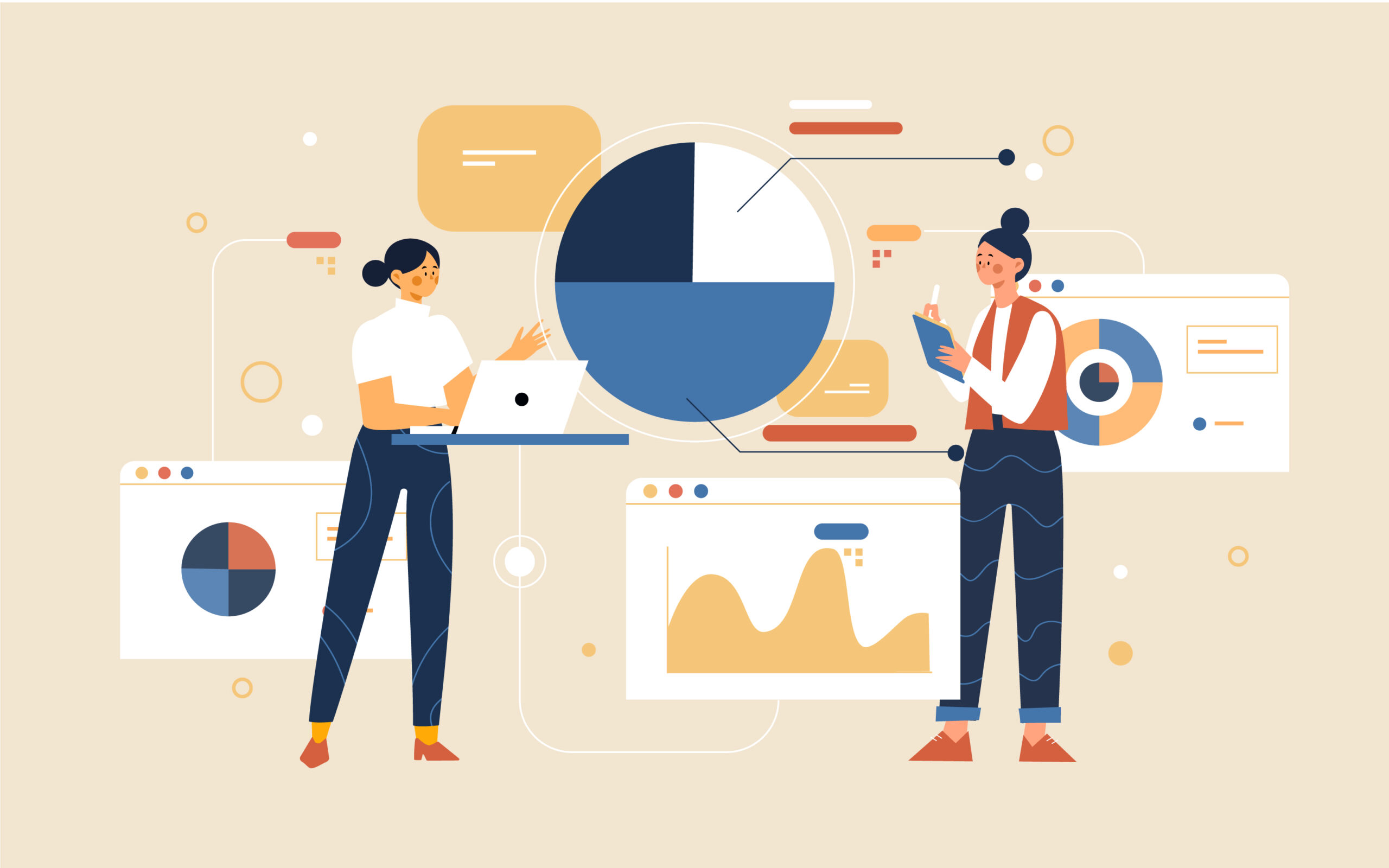 Metadata and Data Quality Management – Data Analysis and Governance Two data professionals analyzing charts and dashboards to manage metadata and data quality