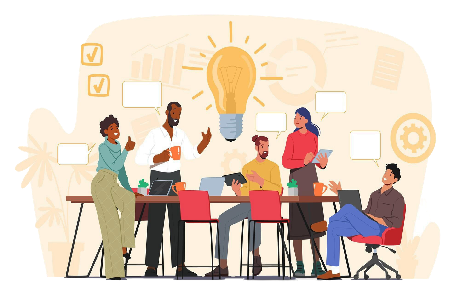 Team of consultants brainstorming data architecture and analytics strategies around a table, with a lightbulb symbolizing innovative ideas.