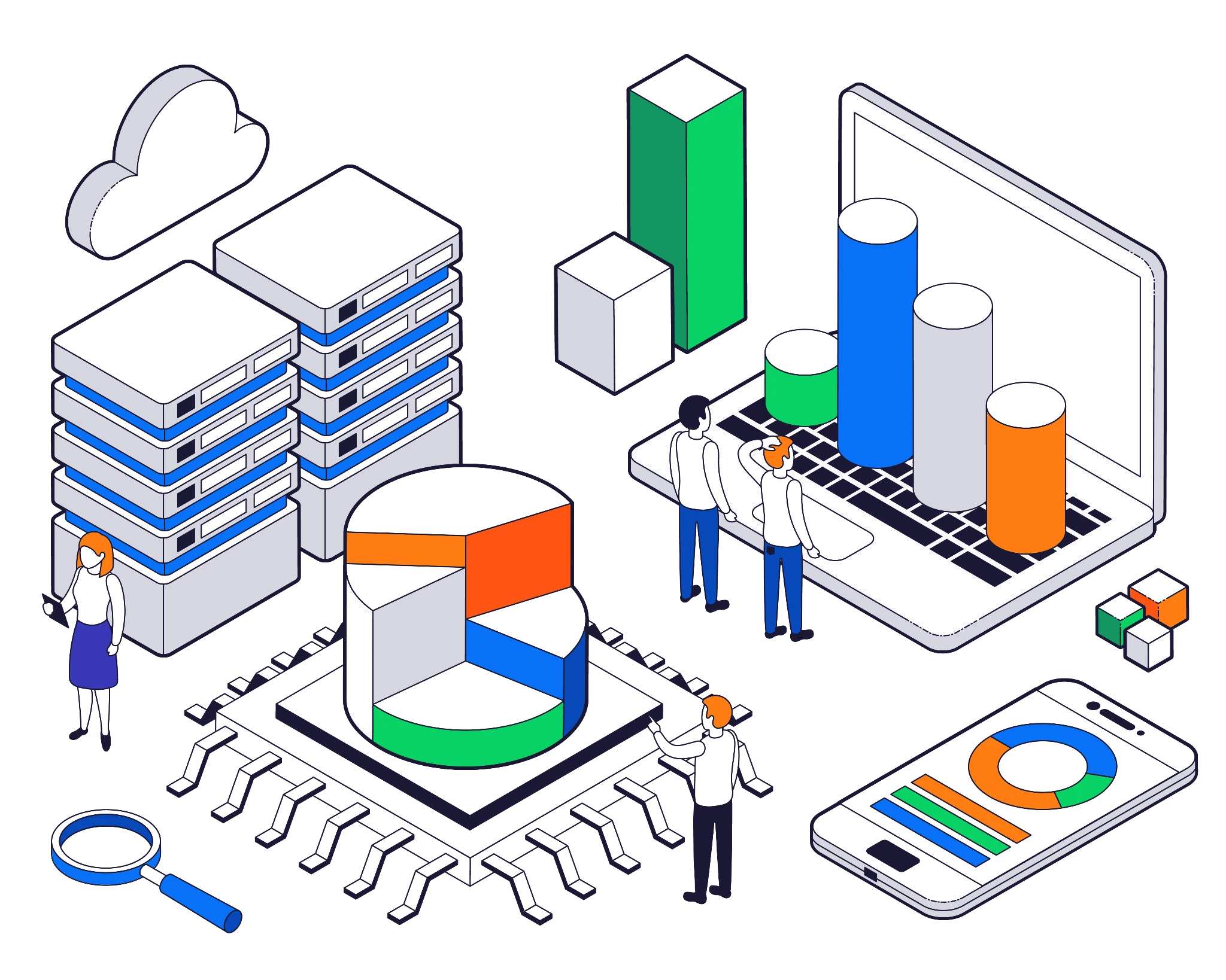 Big Data Science and Analytics – Visualizing Insights Across Platforms Isometric illustration of data science and analytics tools including charts, servers, and dashboards
